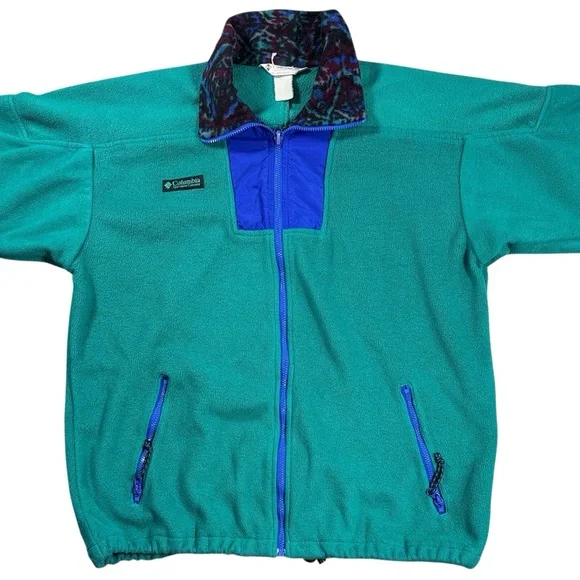 Vintage 90s Columbia Fleece Jacket Teal Blue Abstract Collar USA Made Men’s XL